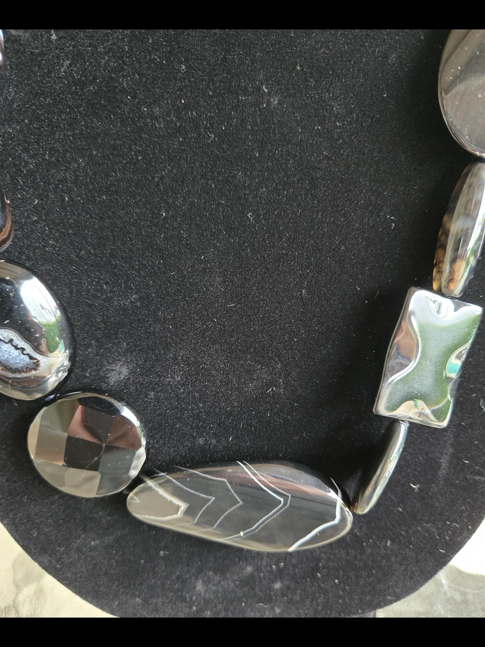 Natural Black Banded Agate Long Statement Necklace Mixed-Shape Beads Inclusions